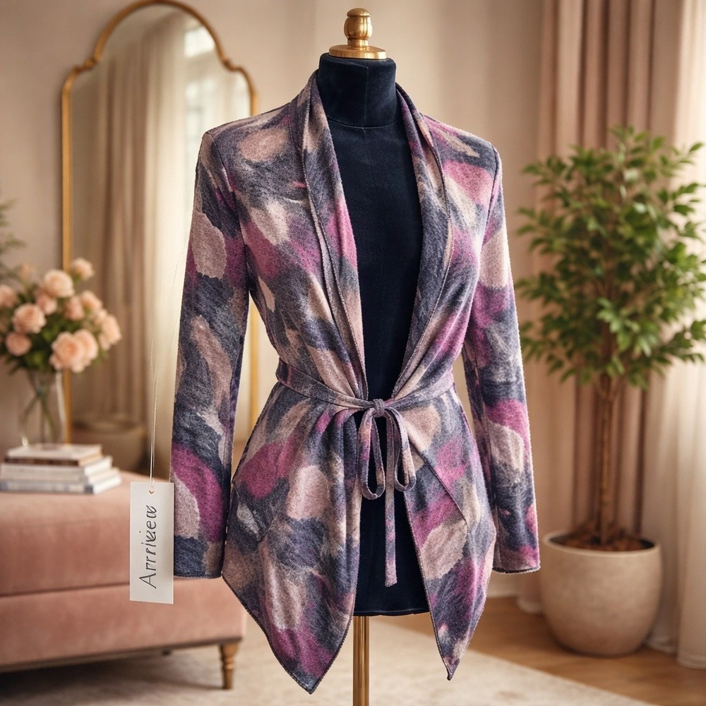 Alberto Makali L Open Front Cardigan Sweater Abstract Tie Front Women's Large